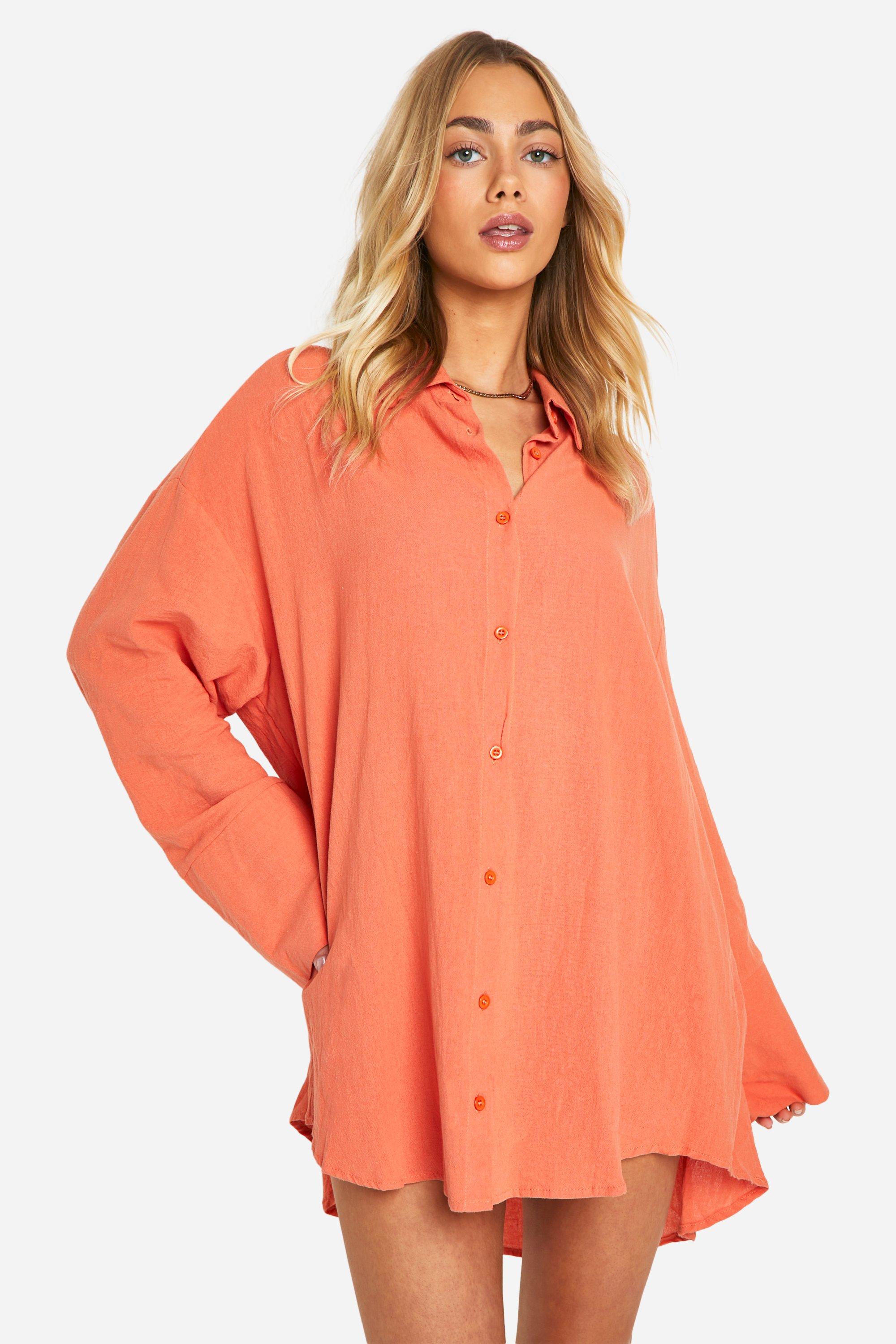Boohoo Linen Wide Sleeve Shirt Dress, Orange