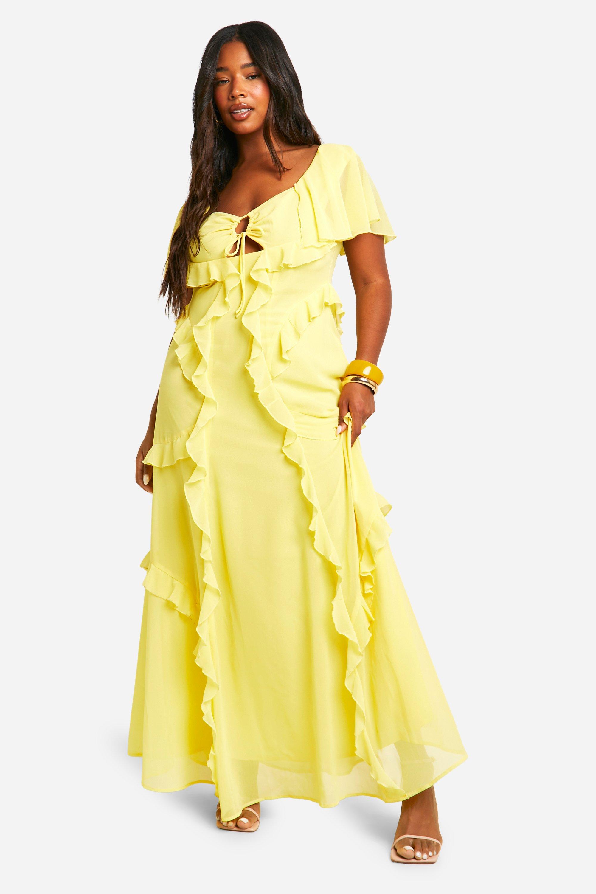 Boohoo Plus Angel Sleeve Keyhole Ruffle Maxi Dress, Lemon