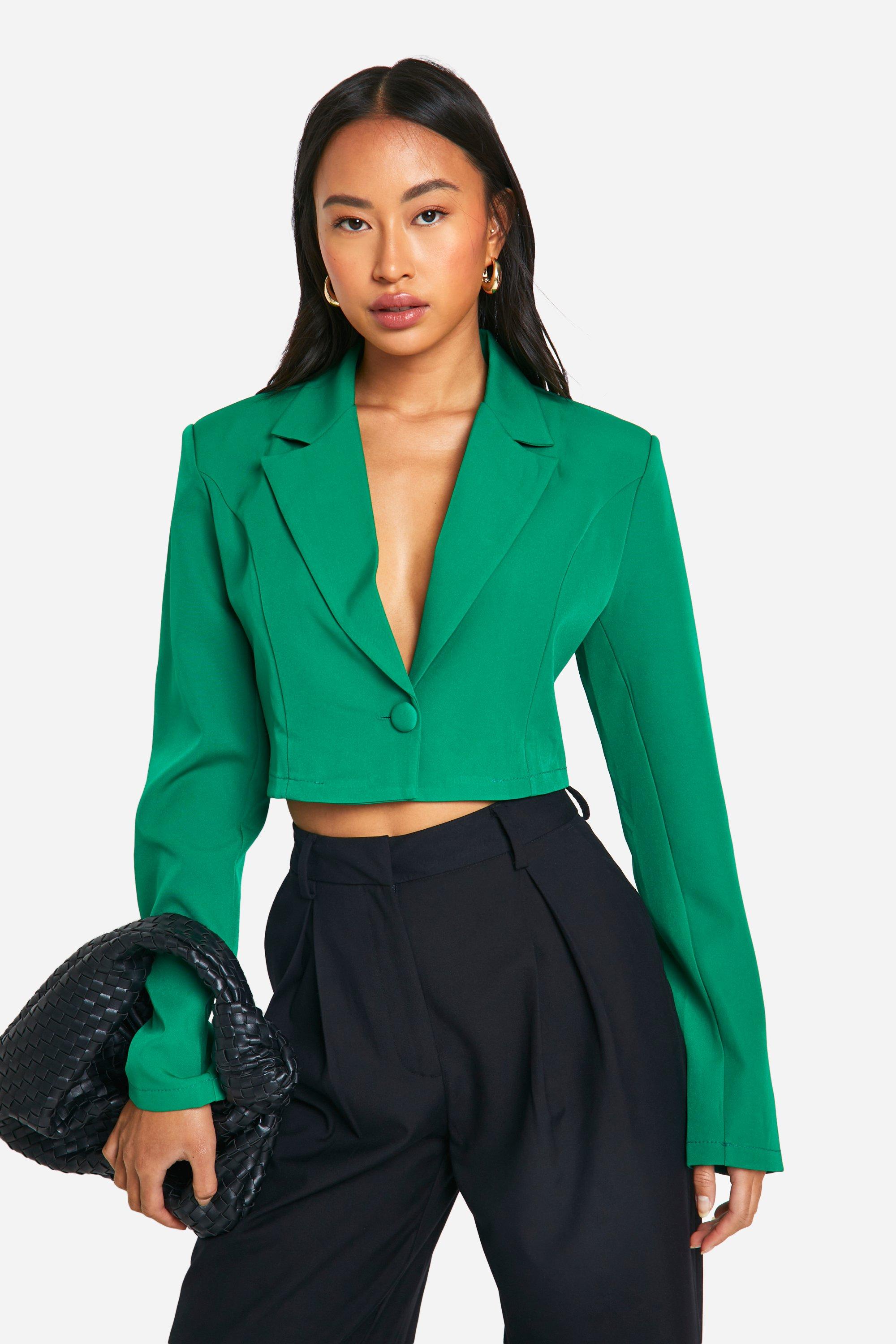 Boohoo Basic Woven Single Button Crop Blazer, Bright Green