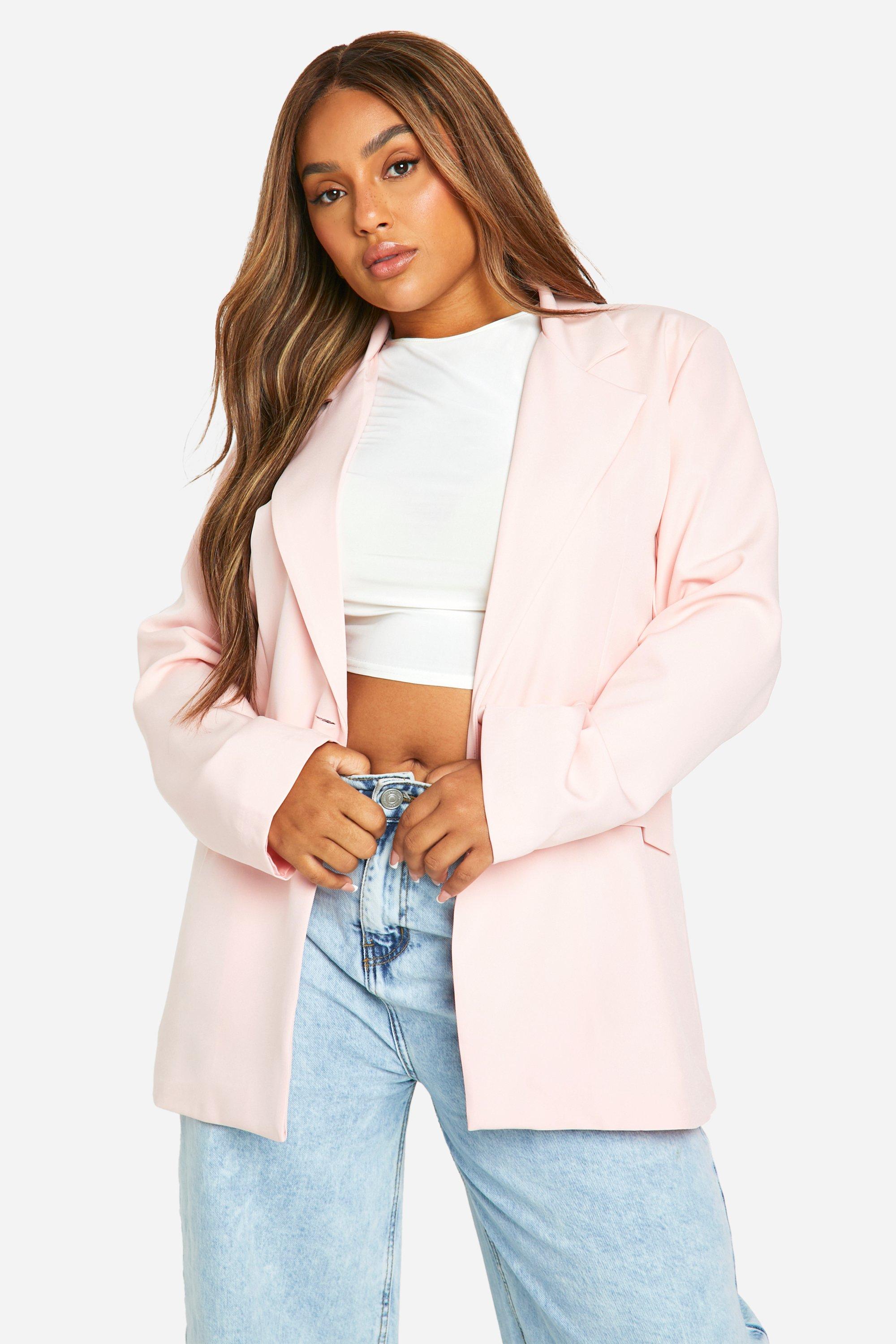 Boohoo Plus Plunge Front Single Button Fitted Blazer, Baby Pink
