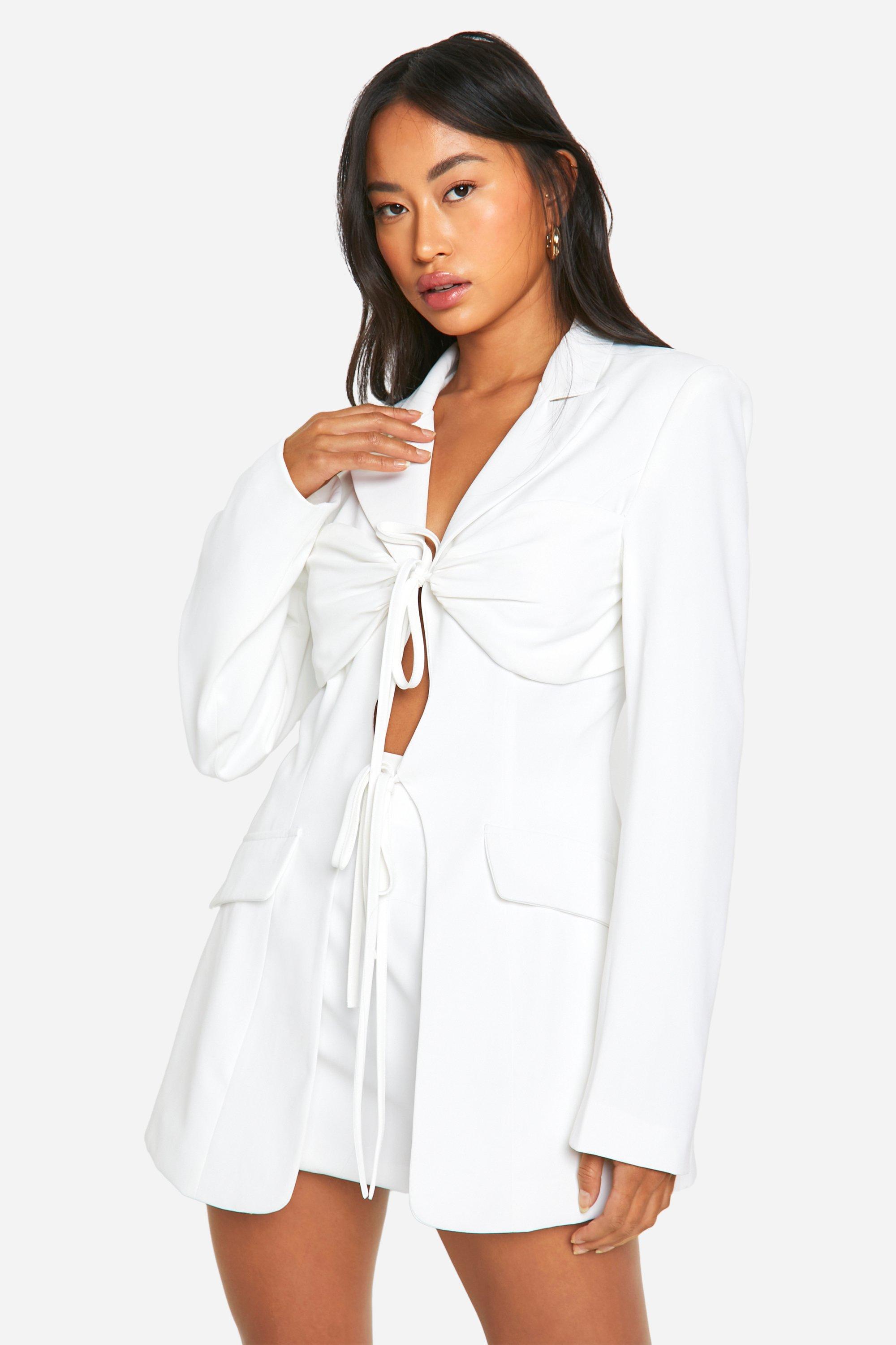 Boohoo Tie Front Detail Fitted Blazer, Ivory