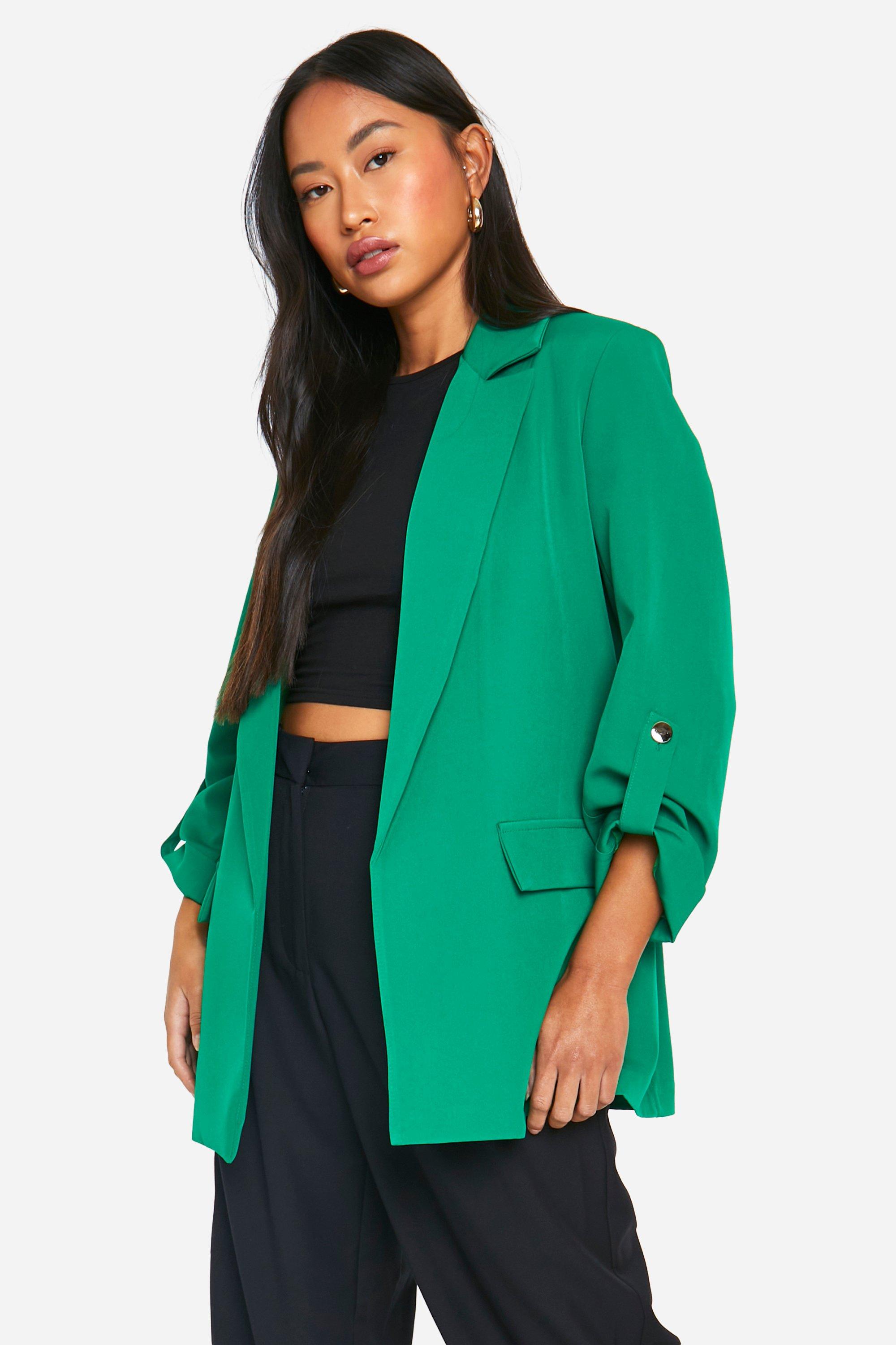 Boohoo Gold Button Turn Cuff Relaxed Fit Blazer, Bright Green