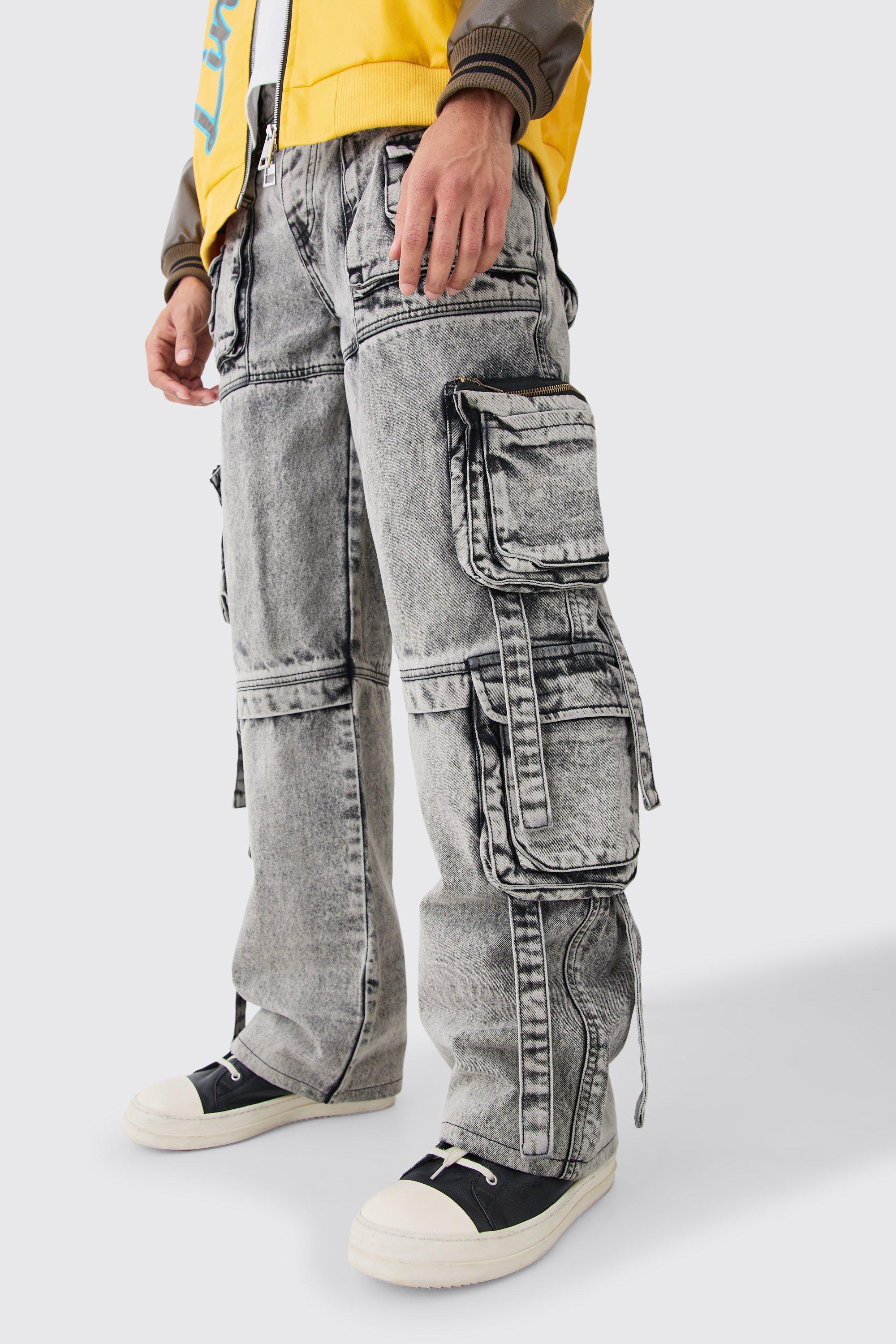 Boohoo Onbewerkte Baggy Acid Wash Gebleekte Jeans Met Cargo Zakken En Bandjes, Charcoal