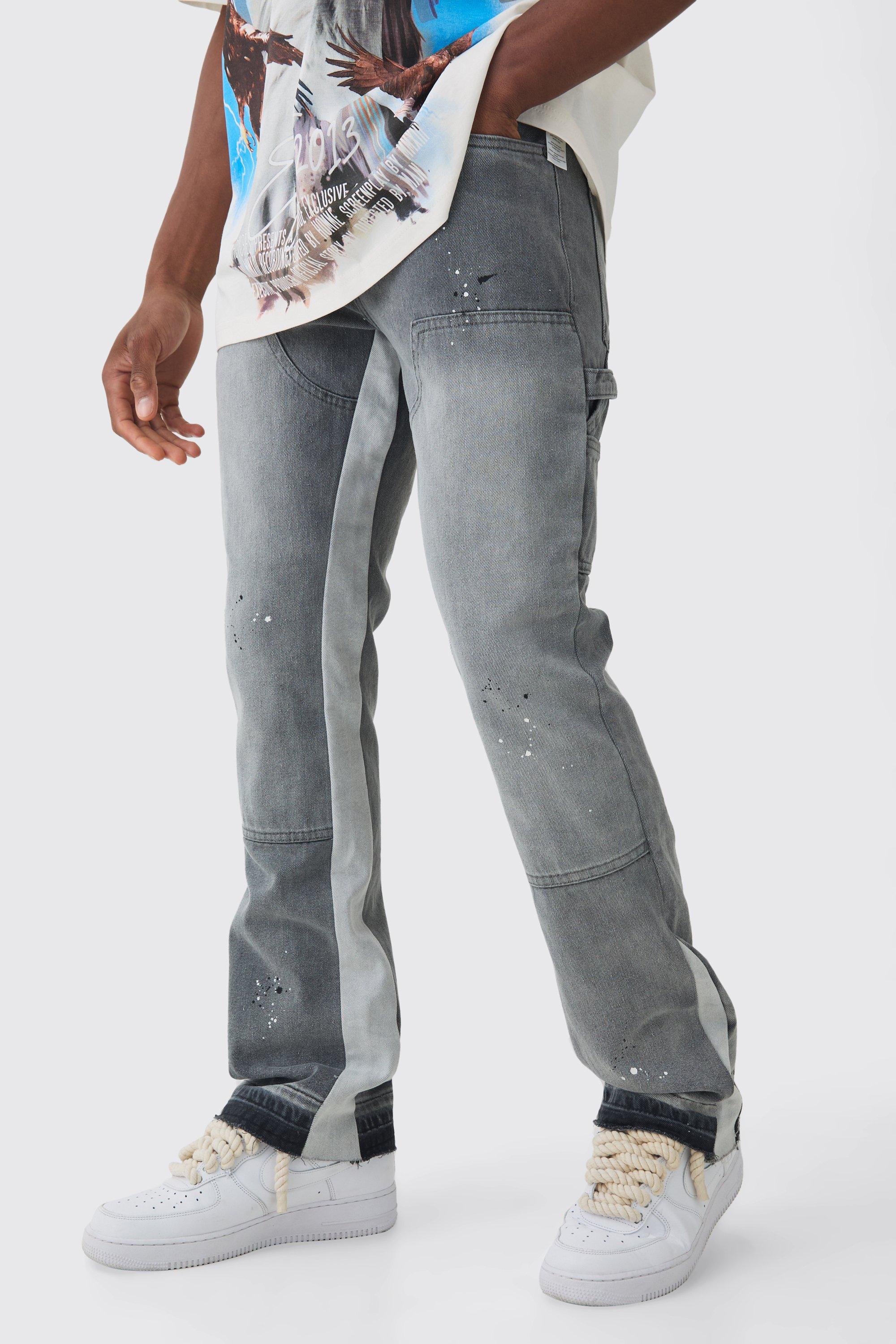 Boohoo Slim Rigid Flare Paint Splatter Gusset Carpenter Jeans, Grey