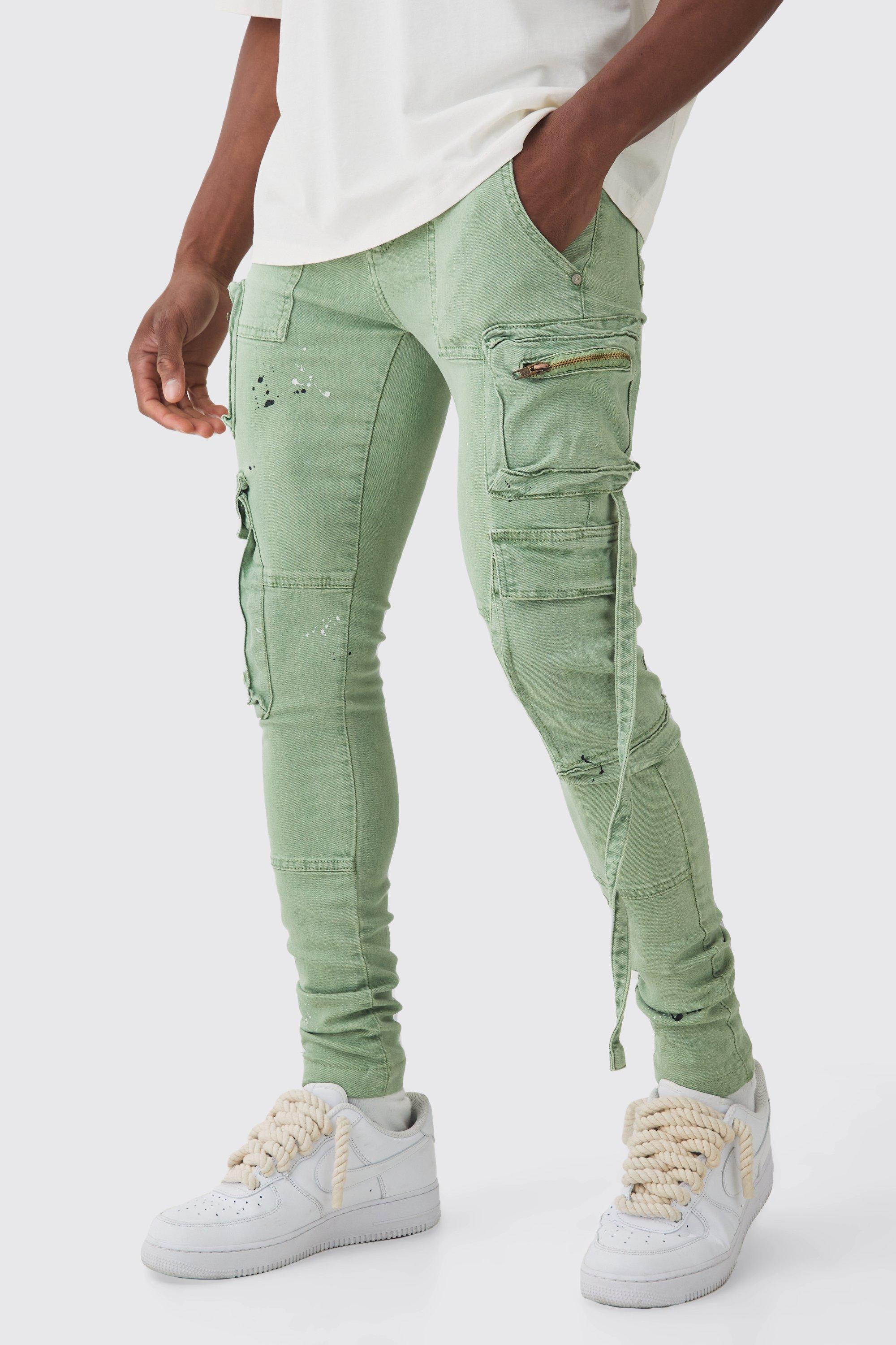 Boohoo Super Skinny Stretch Strap Detail Paint Splatter Cargo Jeans, Sage