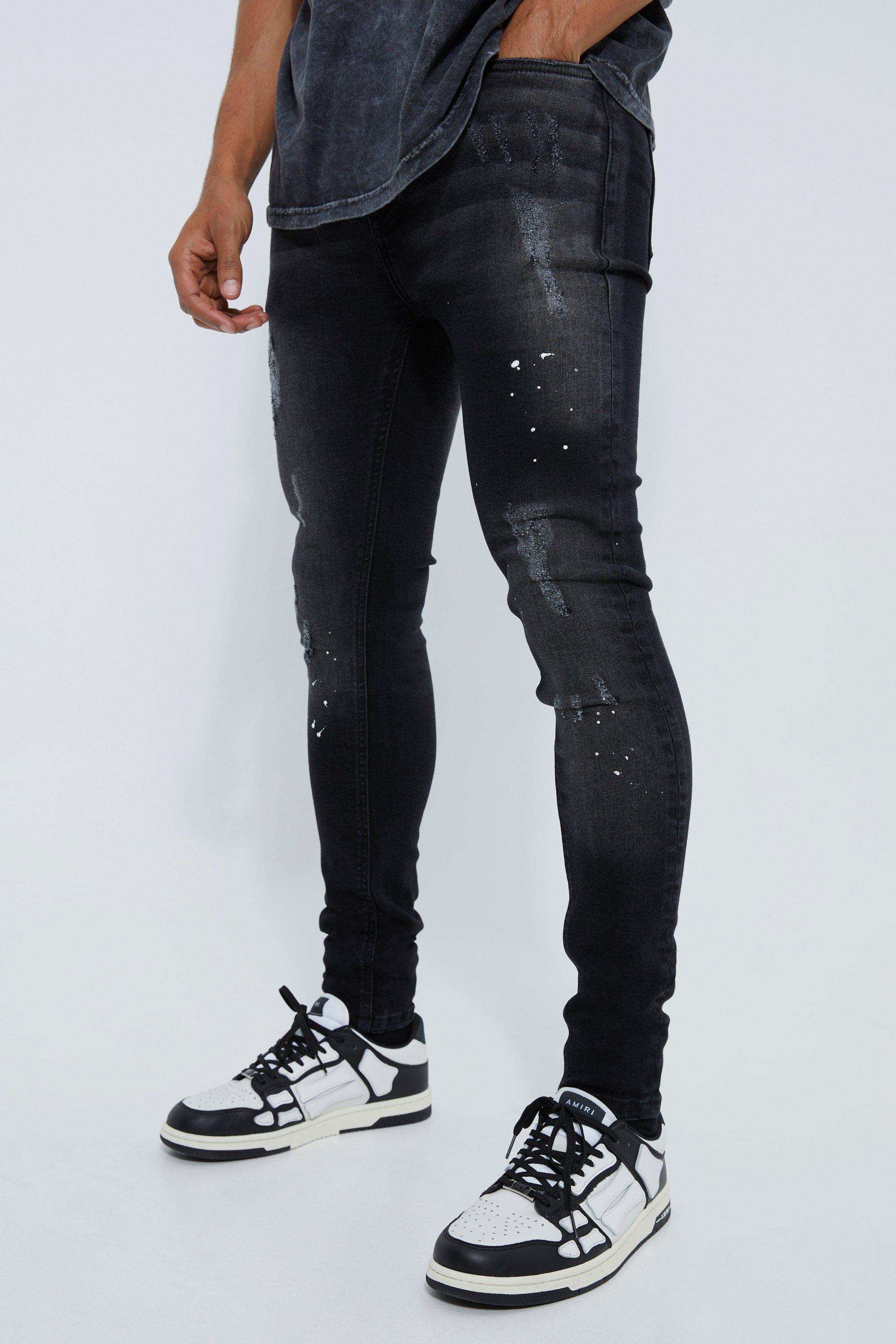 Boohoo Versleten Super Skinny Jeans Met Verfspetters, Washed Black