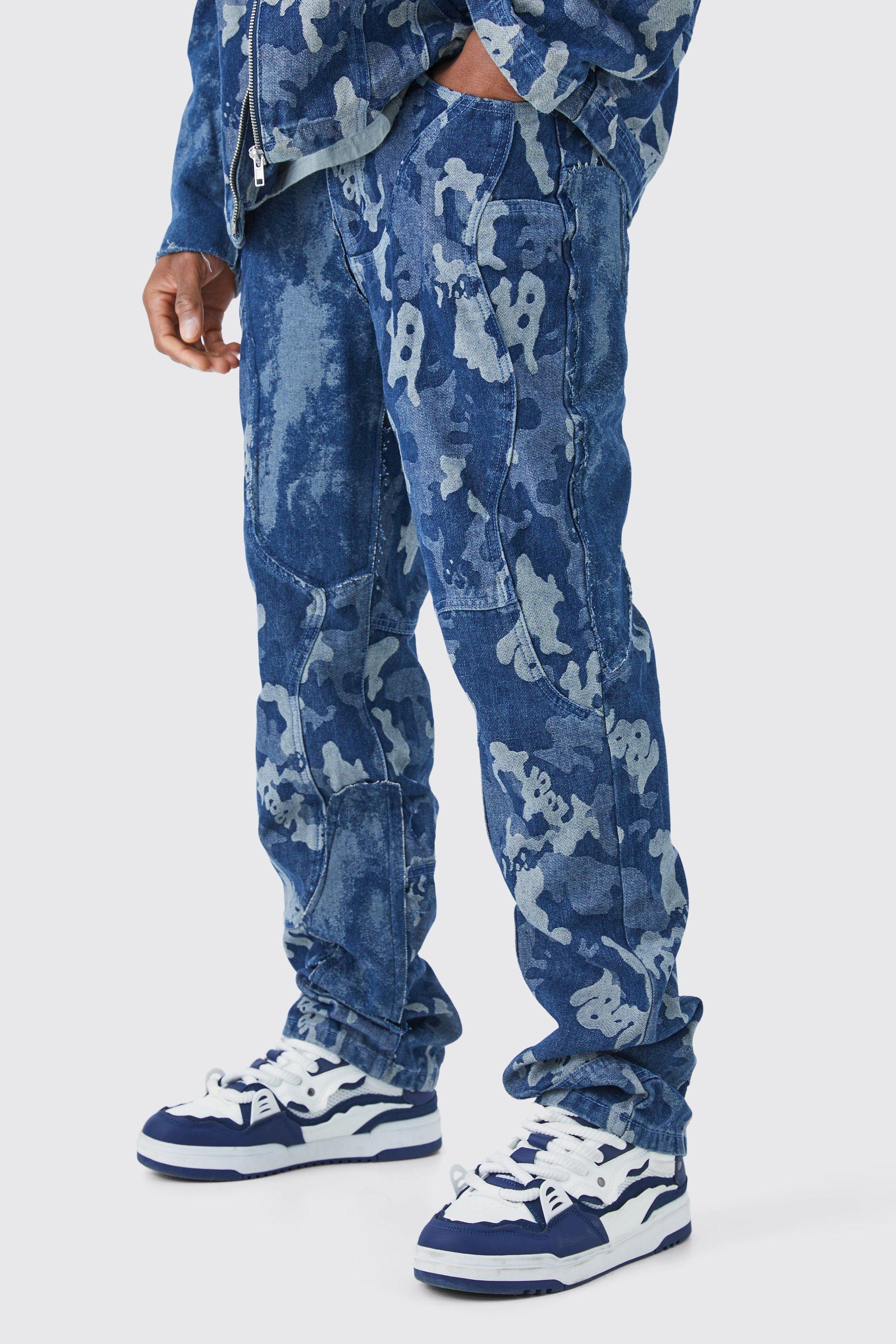 Boohoo Onbewerkte Gesplitste Camouflage Print Jeans, Blue