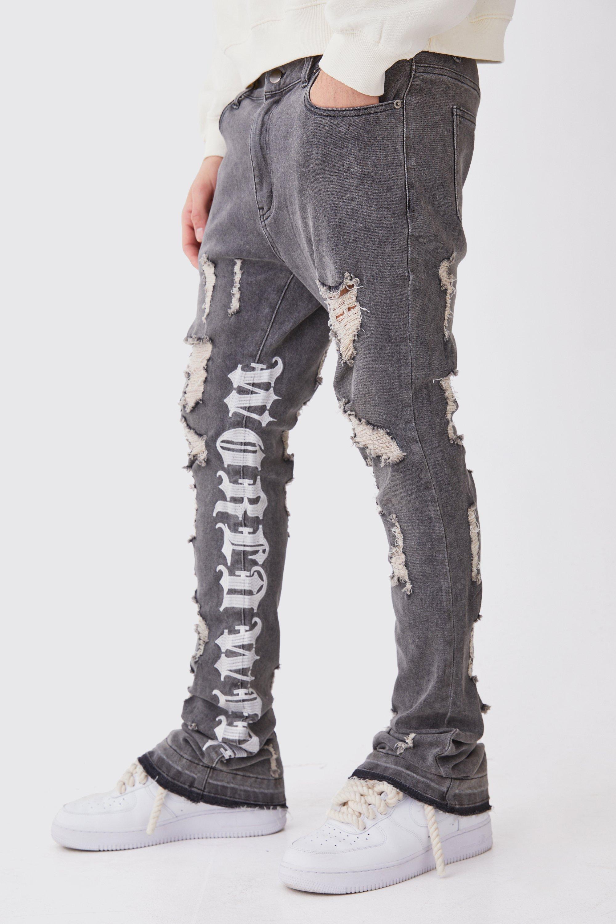 Boohoo Stacked Versleten Geborduurde Stretch Skinny Jeans Met Gusset Detail, Washed Black