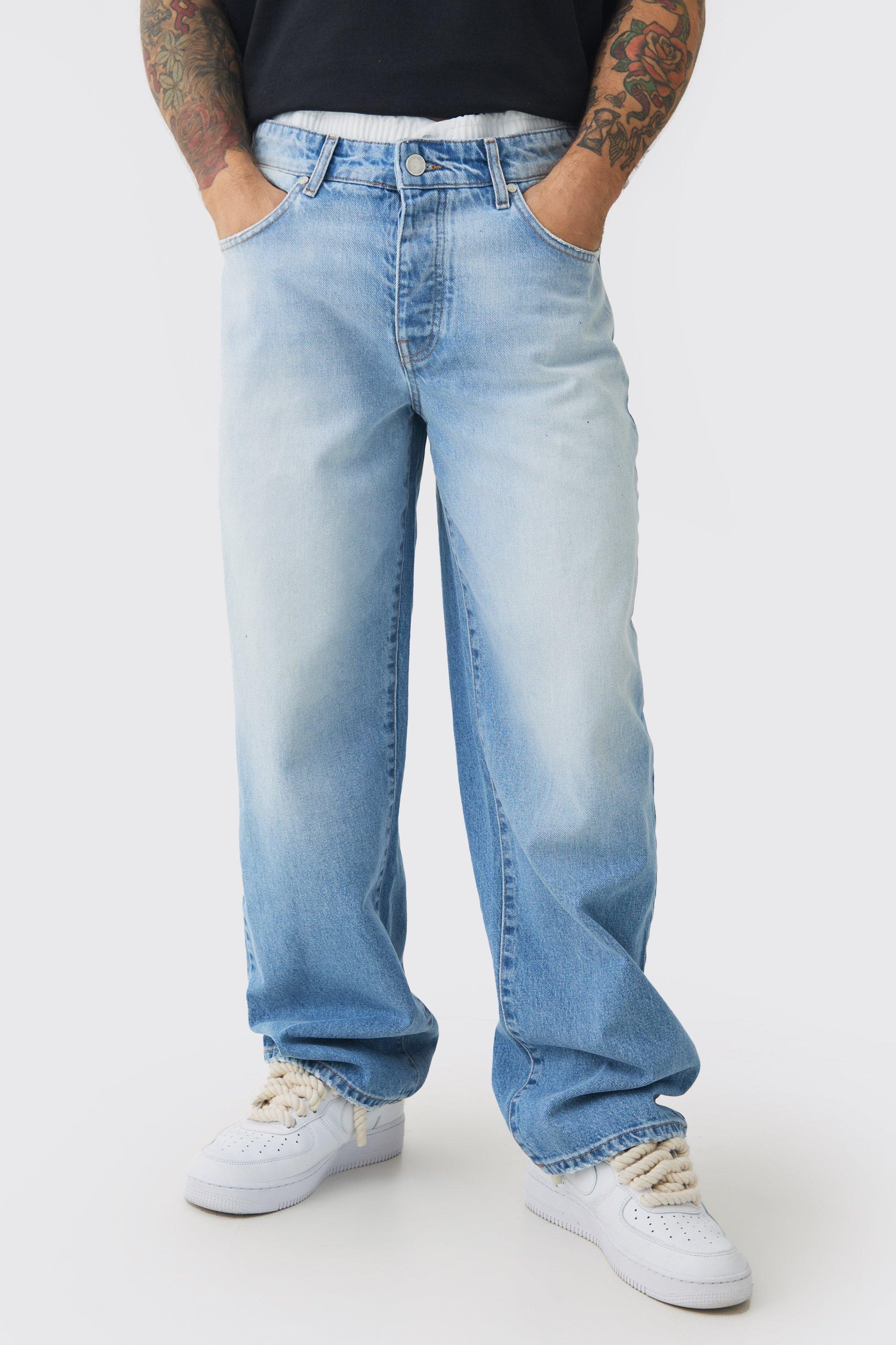 Boohoo Baggy Rigid Double Waistband Denim Jeans In Light Blue, Light Blue