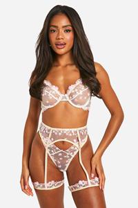 Boohoo Floral Embroidered Bra, Thong And Suspender Set, White