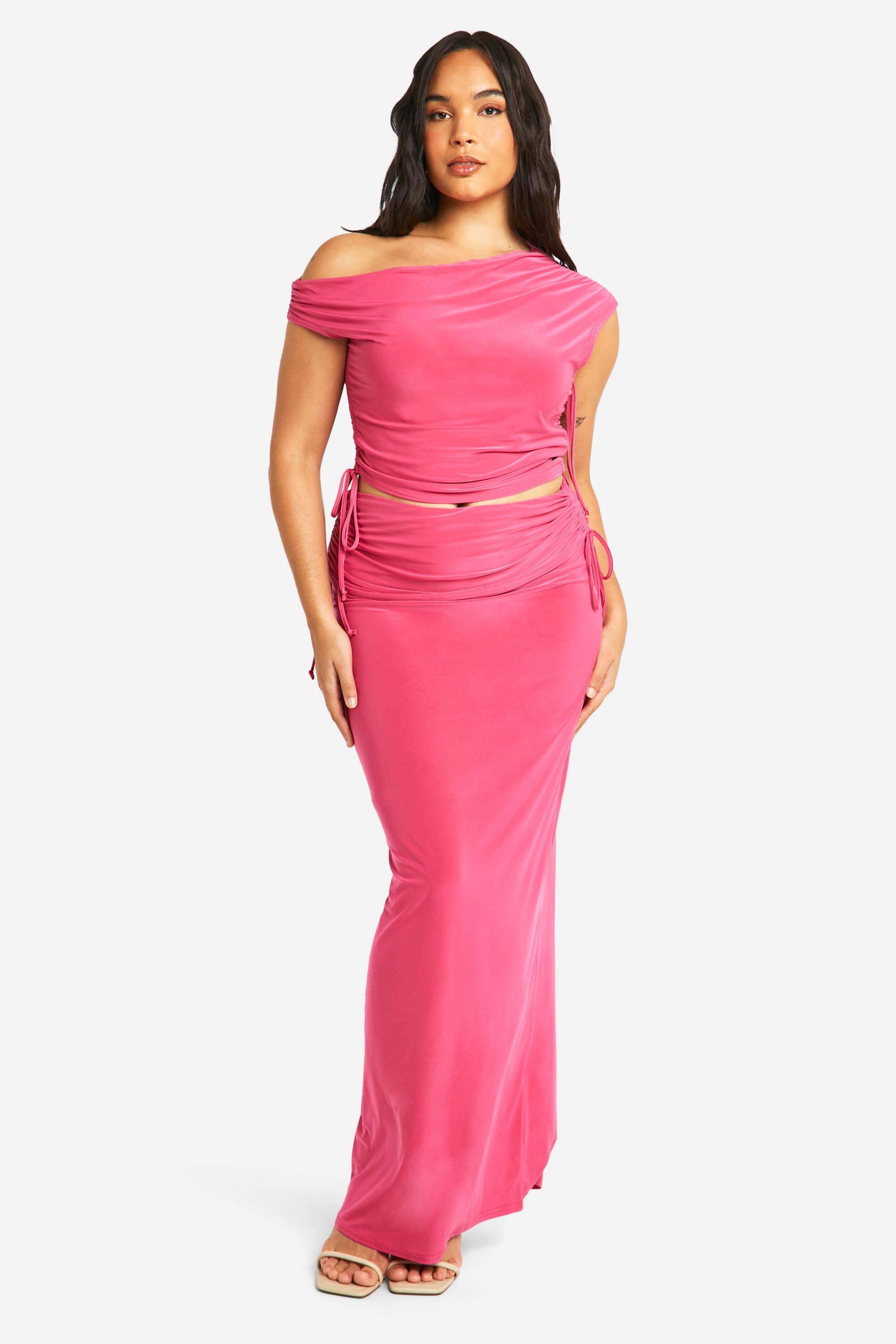 Boohoo Plus Double Slinky Asymmetric Top & Fold Over Skirt Co Ord, Candy Pink