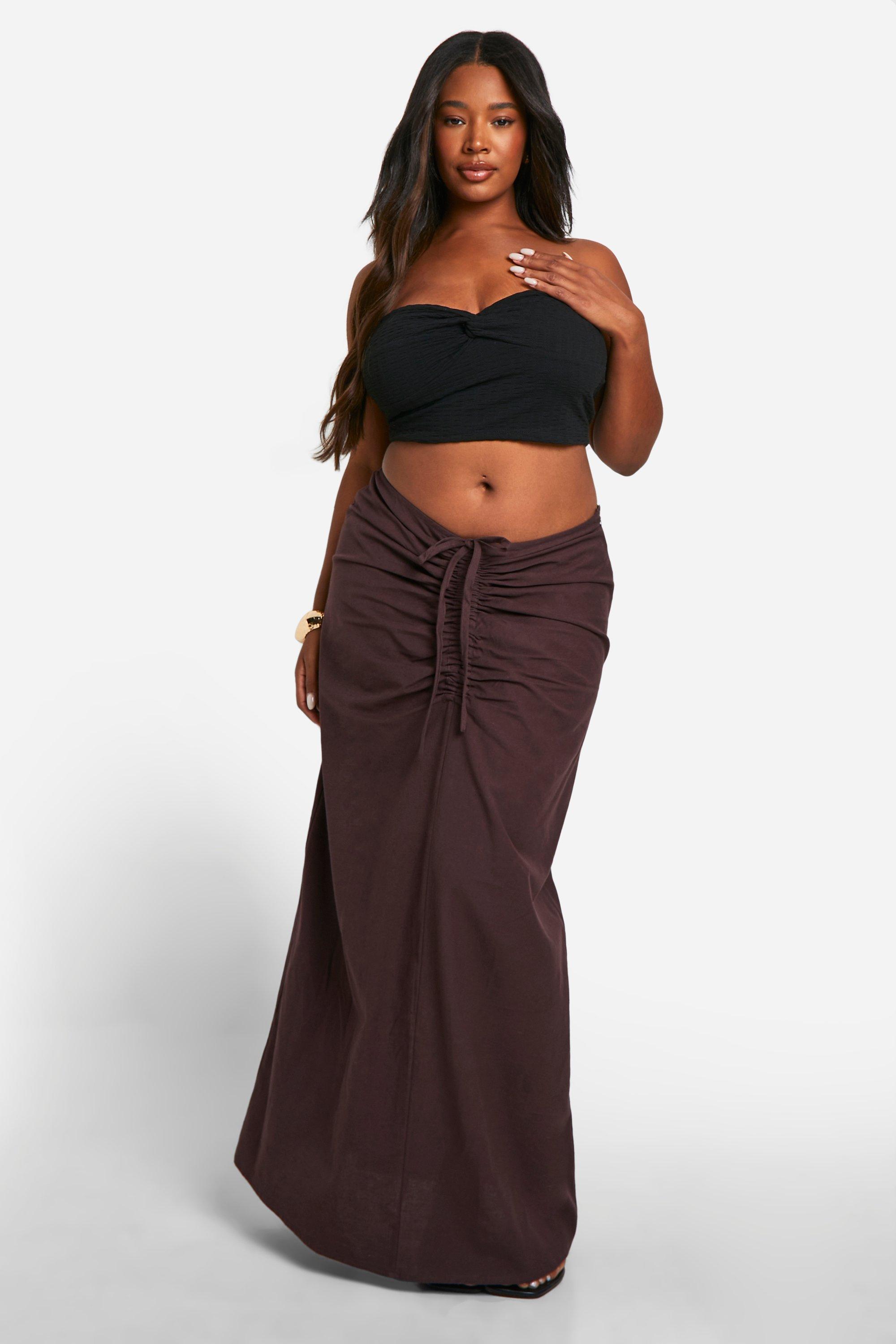 Boohoo Plus Cotton Ruched Maxi Skirt, Chocolate