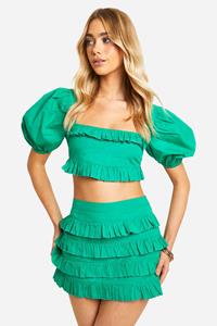 Boohoo Cotton Poplin Ruffle Mini Skirt, Green