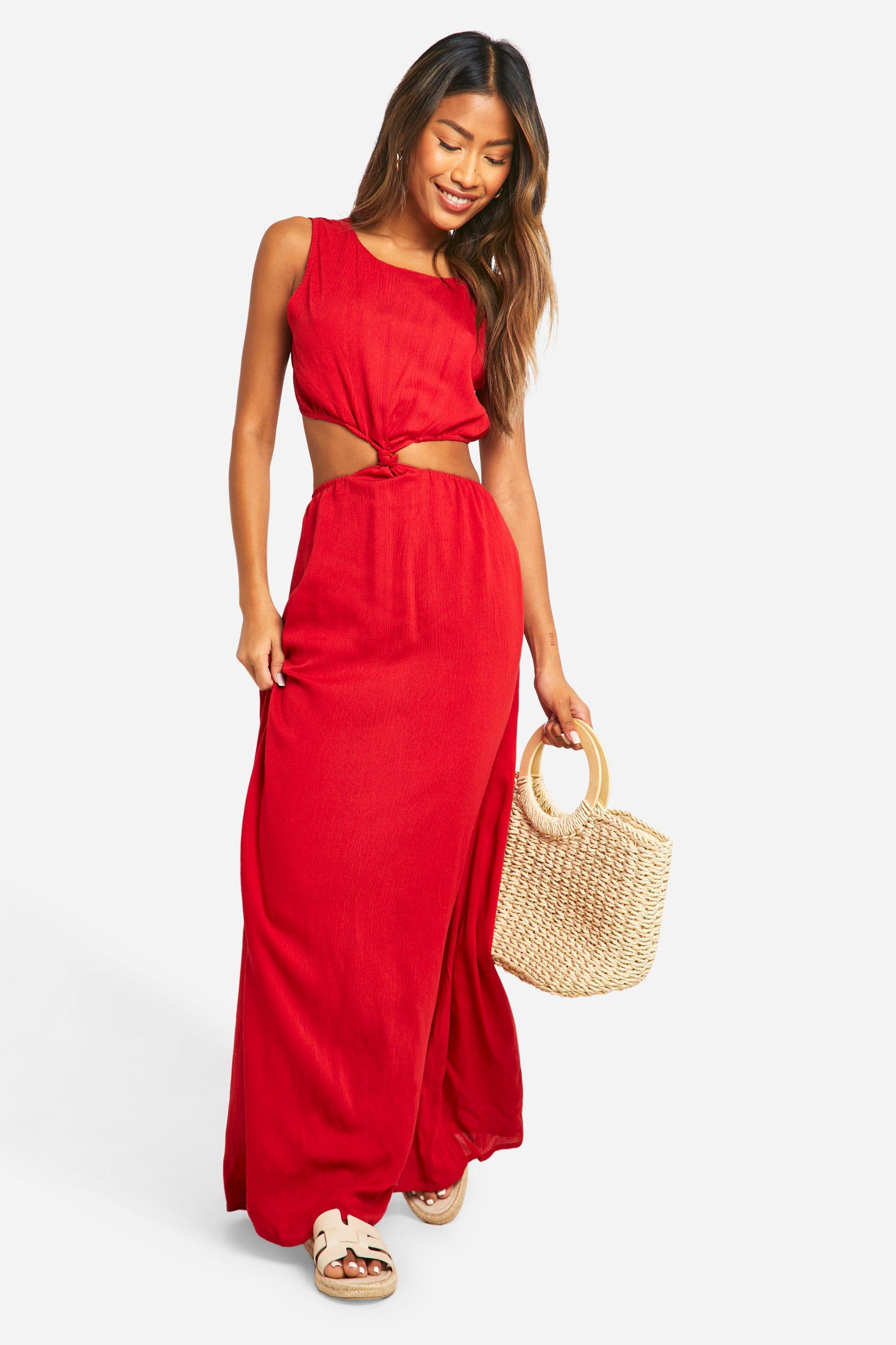 Boohoo Cheesecloth Knot Front Maxi Dress, Red