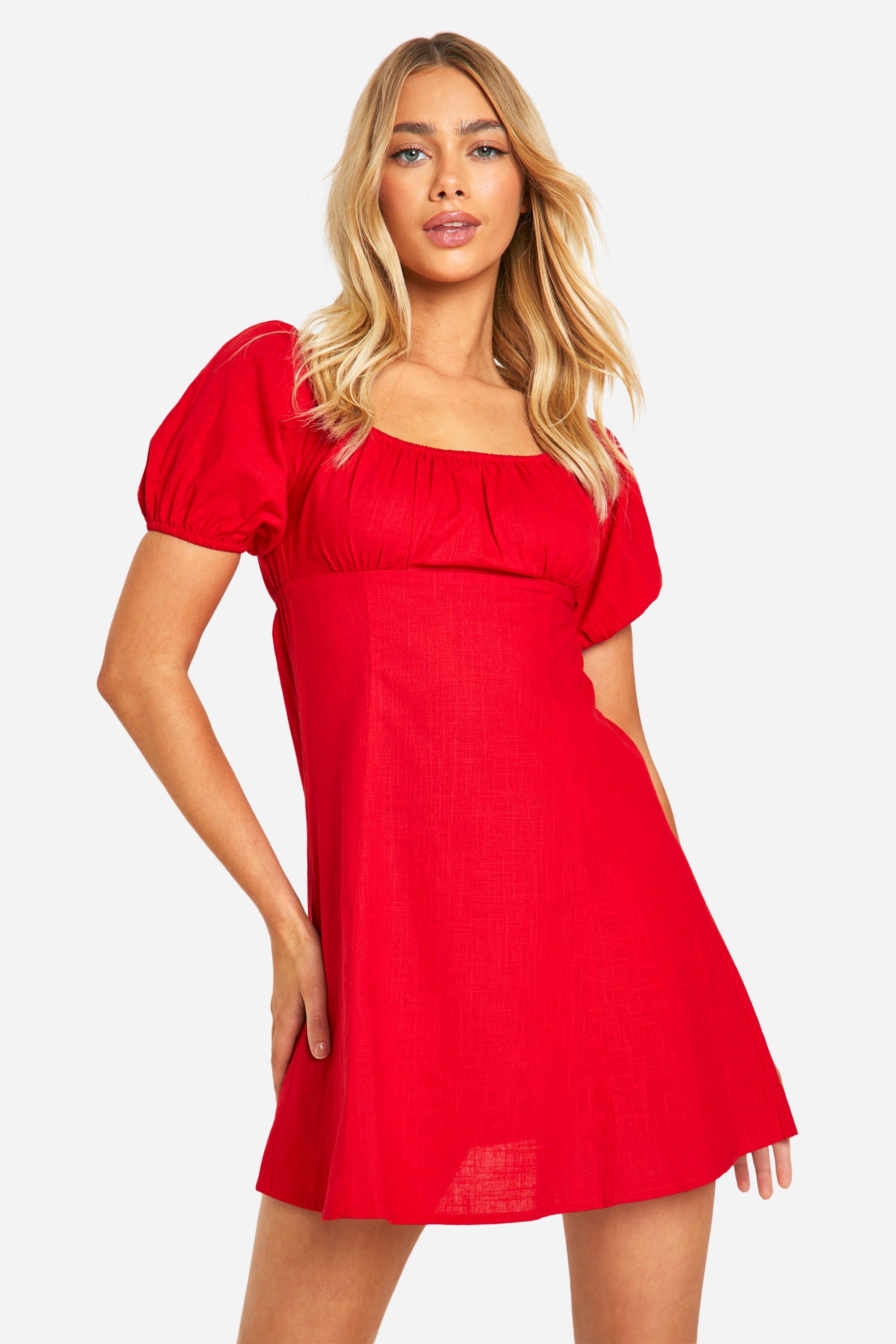 Boohoo Cotton Blend Puff Sleeve Skater Dress, Red