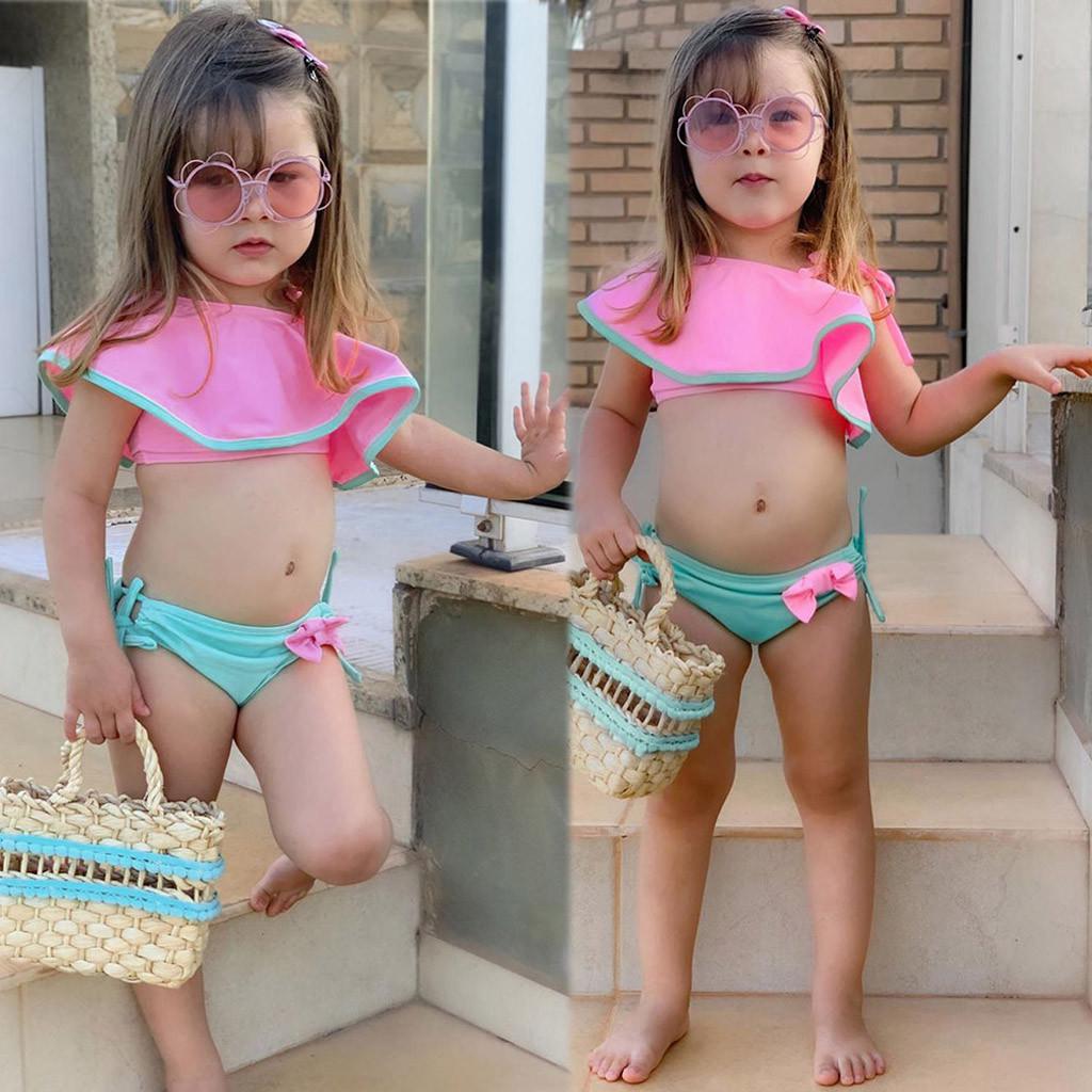 Winnerer Sun Summer Kids Baby Girls Ruffles Two Piece Solid Swimwear Swimsuit Bikini Outfits