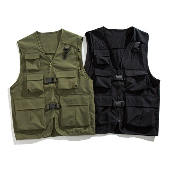 Selling Clothing Men Casual Vest Coat V-neck Sleeveless Cargo Vest Solid Color Multi Pockets Zipper Buckle Placket Waistcoat Outerwear Men Clothes