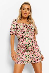 Boohoo Bloemenprint Geplooide Mini Jurk Met Strik, Pink