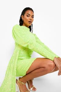 Boohoo Gedrapeerde Mini Jurk Met Pailletten En Pofmouwen, Lime