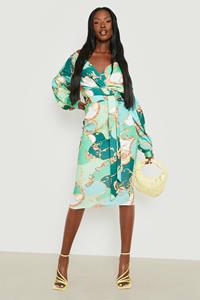 Boohoo Kettingprint Off Shoulder Midi Jurk, Green