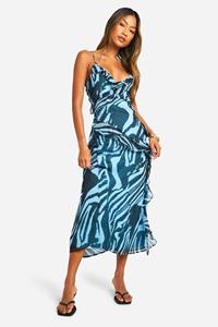 Boohoo Zebraprint Midaxi Jurk Met Franjes En Rug Strik, Turquoise