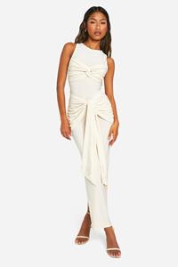 Boohoo Geplooide Gedraaide Maxi Jurk Met Racer Hals, Cream