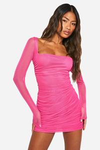 Boohoo Geplooide Mesh Bodycon Jurk Met Vierkante Hals, Magenta Pink