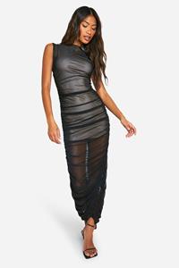 Boohoo Contrasterende Mesh Midi Jurk Met Ruches, Black