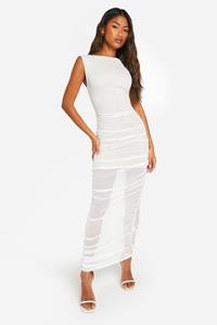 Boohoo Contrasterende Mesh Midi Jurk Met Ruches, White