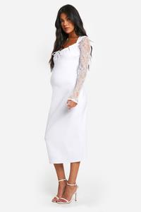 Boohoo Zwangerschap Bengaline Midaxi Bodycon Jurk Met Kanten Mouwen, White