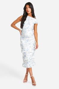 Boohoo Zwangerschap Asymmetrische Porselein Print Bengaline Midi Jurk Met Franjes, Light Blue