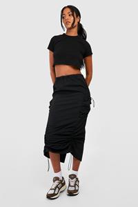 Boohoo Tall Geplooide Parachute Midaxi Rok Met Cargo Zakken En Touwtjes, Black