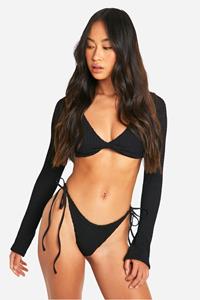 Boohoo Bikini Set Met Textuur, Lange Mouwen En Geplooide Kont, Black