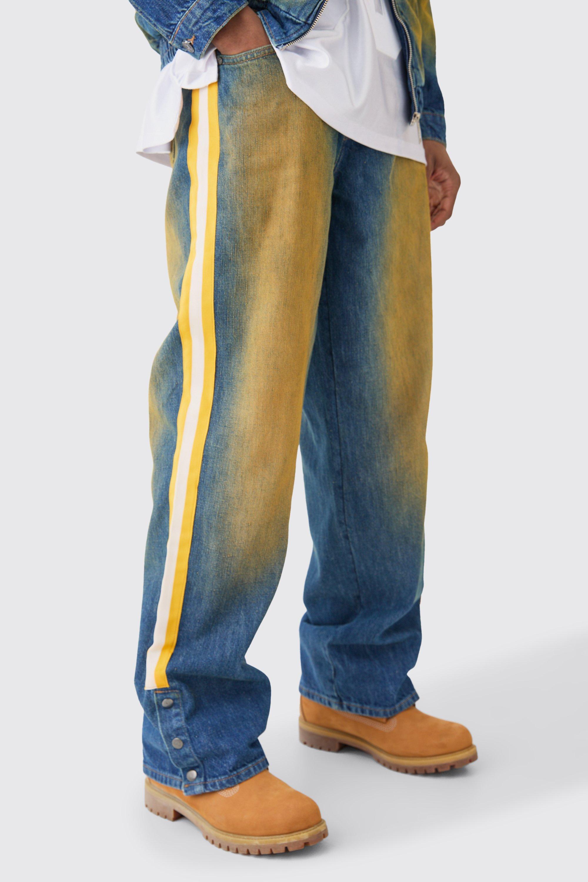 Boohoo Onbewerkte Gestreepte Baggy Nfl Chiefs Jeans Met Drukknoopjes, Antique Blue