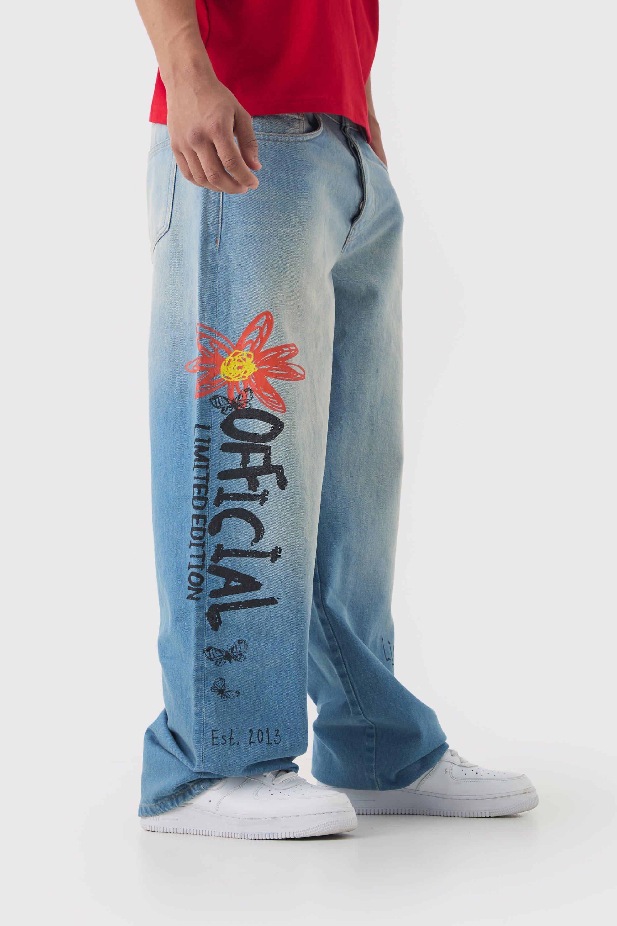 Boohoo Onbewerkte Lichtblauwe Baggy Denim Jeans Met Print, Light Blue