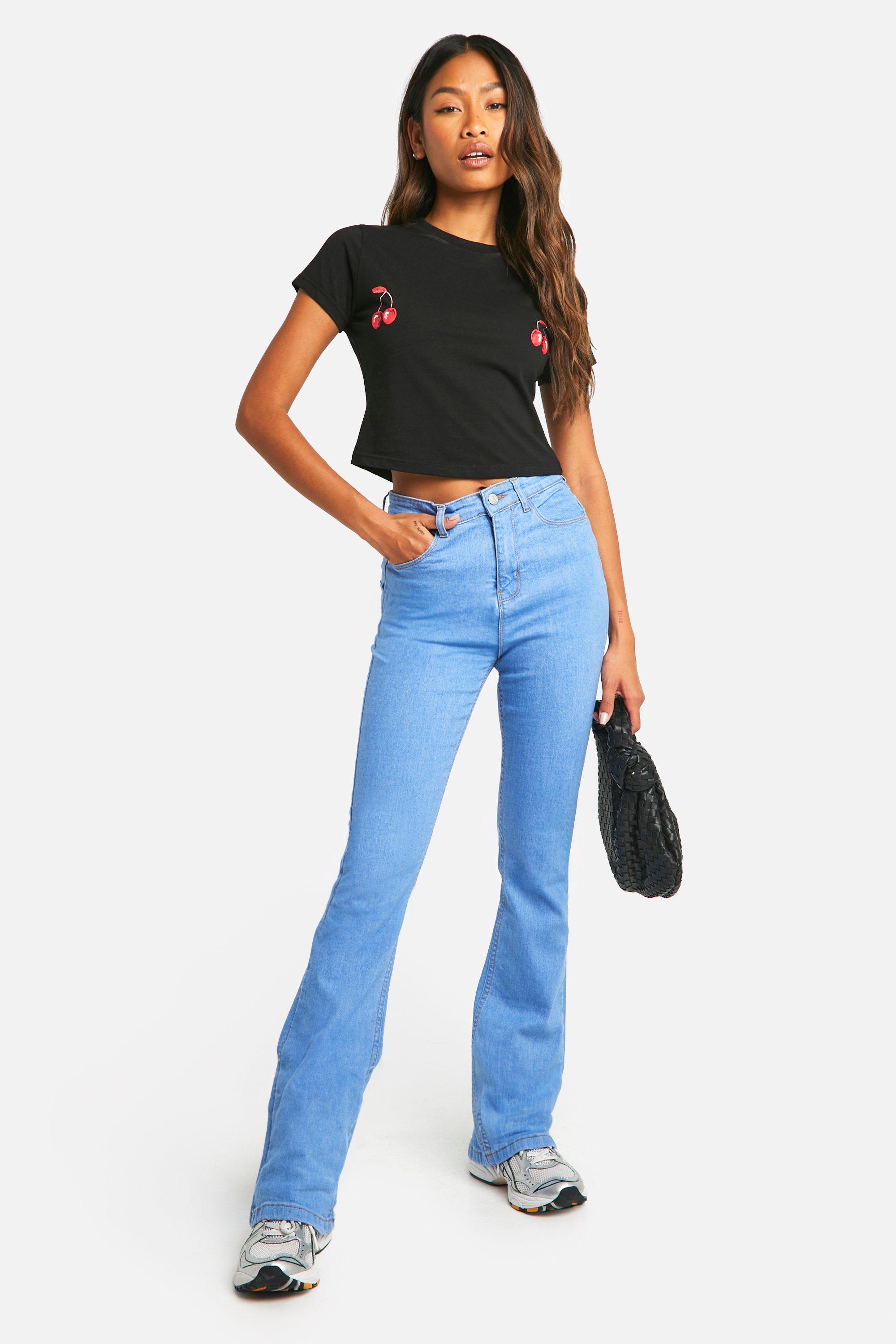 Boohoo Mid Rise Flared Booty Jeans, Mid Blue