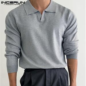 INCERUN Spring Heren Polo Tops met lange mouwen en effen kleuren