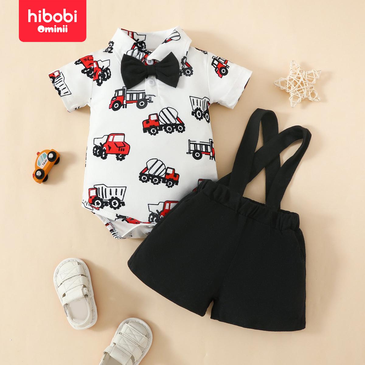 Hibobi Baby Boy Car Short Sleeve Bow Tie Lapel Triangle Ha Bib Shorts Two-Piece Set