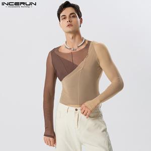 INCERUN Heren Mesh Contrast Effen Kleur Fake Tweedelig T-shirt met lange mouwen