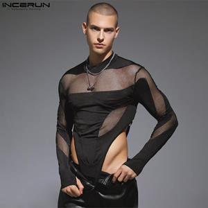 INCERUN Men Long Sleeve Slim Mesh Jumpsuits Clubwear Sheer Bodysuits