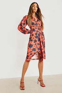 Boohoo Bloemenprint Midi Jurk Met Laag Decolleté En Ceintuur, Multi