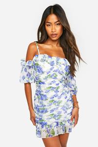 Boohoo Zachte Bloemenprint Mini Jurk Met Pofmouwen, Lilac