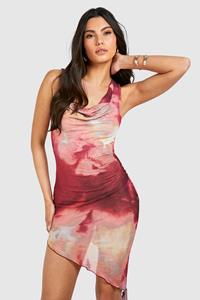 Boohoo Abstracte Gekreukelde Mesh Mini Jurk Met Losse Col, Multi