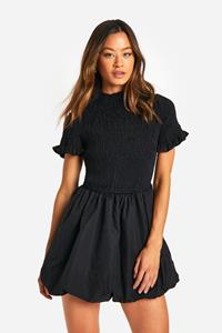 Boohoo Tall Geplooide Mini Jurk Met Korte Mouwen En Pofmouwen, Black