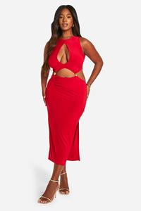 Boohoo Plus Cut Out Sleutelgat Midaxi Jurk Met Kraaltjes, Red