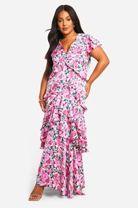 Boohoo Plus Bloemen Maxi Jurk Met Ruches En Franjes, Pink