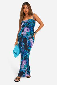 Boohoo Petite Abstracte Bloemen Maxi Jurk Met Ruches, Purple