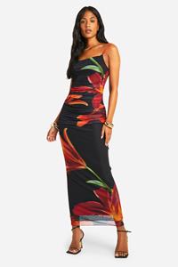 Boohoo Tall Geplooide Gedrapeerde Bloemen Midaxi Jurk, Black