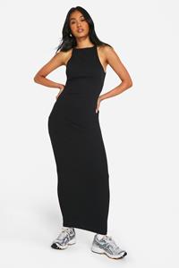 Boohoo Geribbelde Basic Maxi Jurk Met Racer Hals, Black