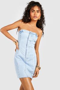 Boohoo Strapless Mini Spijkerjurk Met Onbewerkte Zoom En Naaddetail, Light Blue